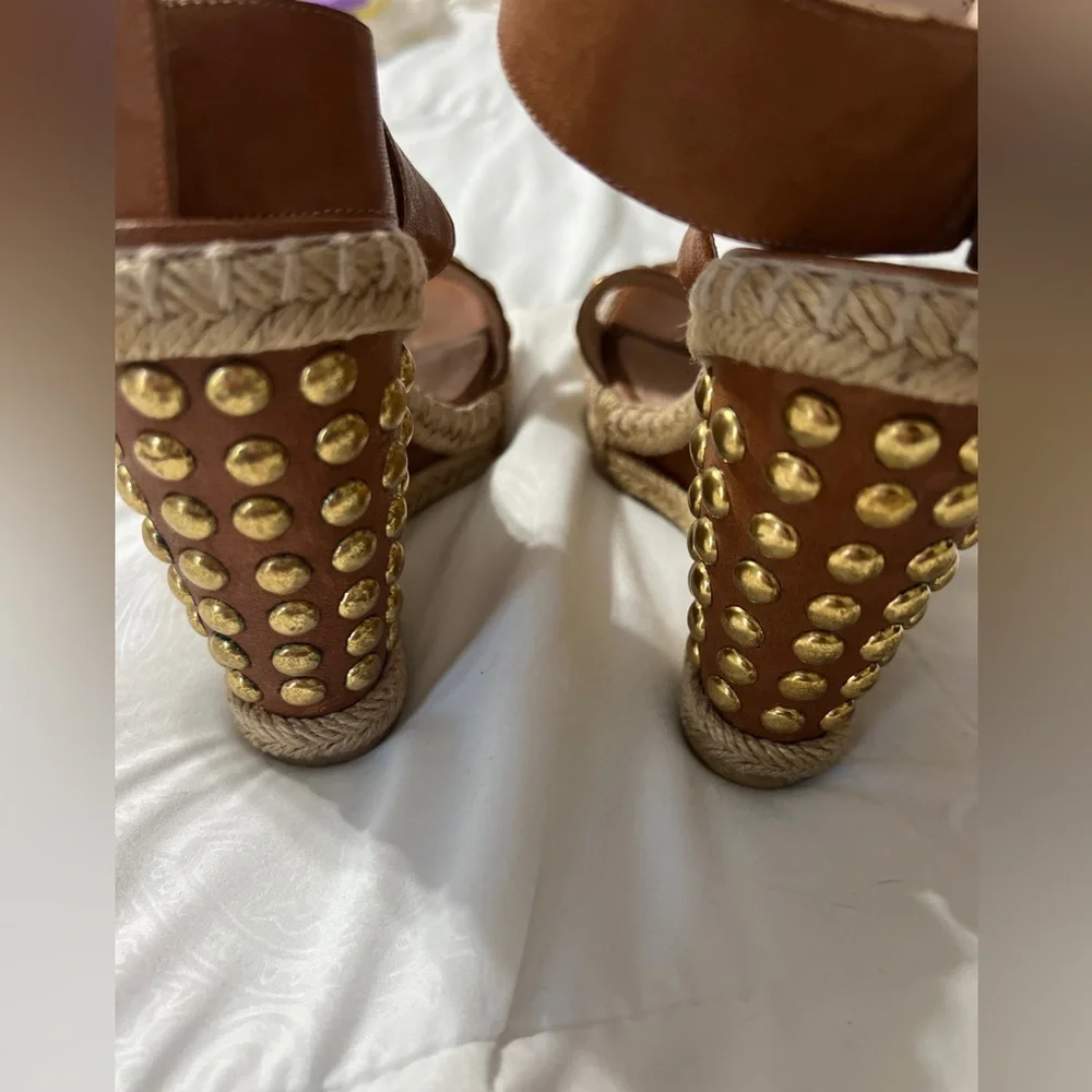 Stuart Weitzman Tan Studded Espadrille Wedge Sandals